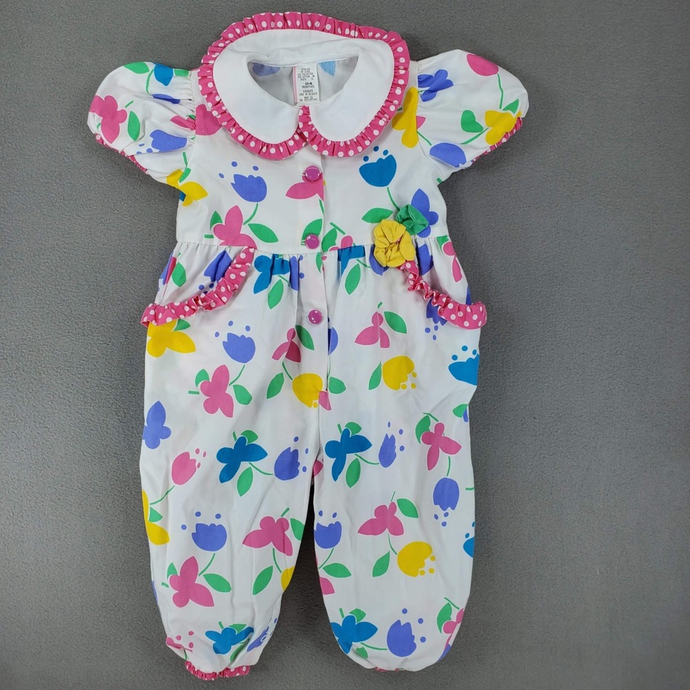 Vintage Floral Romper Baby Girls 24M White 80s 90s Peter Pan Collar Ruffle Trim